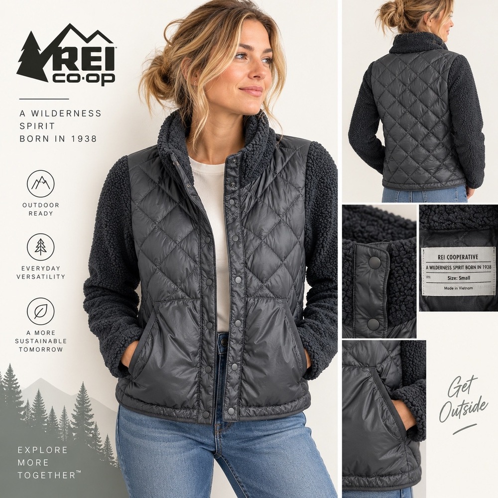 REI Co-op Women Black Quilted Down Jacket Sherpa Fleece Sleeve Small 140757
